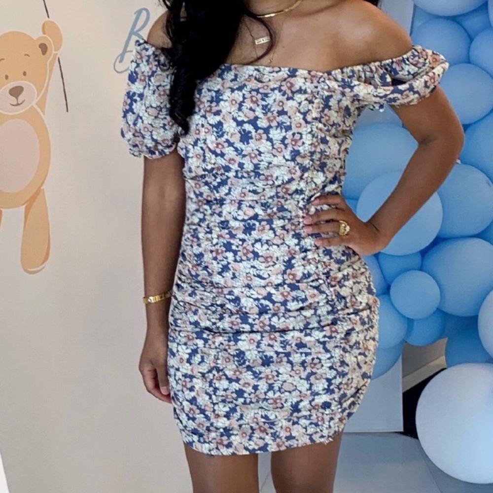 Blue floral off the shoulder dress
